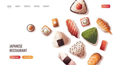 Suşili Japon yemekleri sitesi. Japon yemeği, sağlıklı yemek, yemek, menü, beslenme konsepti. Vektör illüstrasyonu.