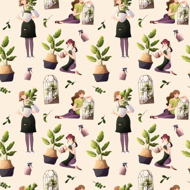 Çiçekleri tutan ve sulayan kadınların kusursuz deseni. Ev bahçesi, sera, bahçıvanlık, bitki sevici konsepti. Vektör illüstrasyonu.
