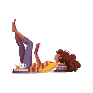 Woman lying on the stack of books and reading. Bookstore, bookshop, library, book lover, bibliophile, education concept. Isolated vector illustration. clipart