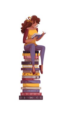 Woman sitting on the stack of books and reading. Bookstore, bookshop, library, book lover, bibliophile, education concept. Isolated vector illustration.