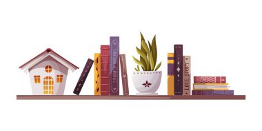 Bookshelf with books, decorative house, potted plant. Bookstore, bookshop, book lover concept. Isolated Vector illustration.