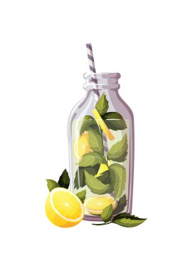 Lemon and mint drink. Healthy eating, cooking, menu, detox, cocktail concept. Isolated vector illustration.