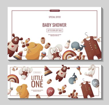 İçinde oyuncak, oyuncak, oyuncak ayı, peluş tavşan ve bebek kıyafetleri olan pankartlar. Çocuk oyuncakları, çocuk mağazası, oyun, çocukluk, bebek bakımı konsepti. Poster, afiş, el ilanı, satış için vektör ilüstrasyonu.