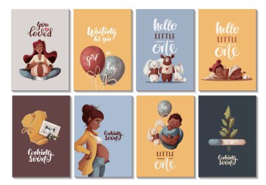 Hamile kadınların olduğu kartlar, yeni doğmuş bebekler, bebek oyuncakları. Annelik, hamilelik, doğum, bebek beklemesi, bebeklik konsepti. Poster, kart, kartpostal, kapak için vektör ilüstrasyonu.