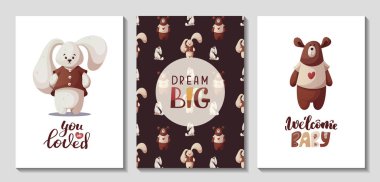 Oyuncak ayılı kartlar, tavşanlar ve el yazısıyla yazılmış metinler. Çocuk oyuncakları, çocuk mağazası, oyun, çocukluk konsepti. Kart, kartpostal ve kapak için vektör illüstrasyonu.