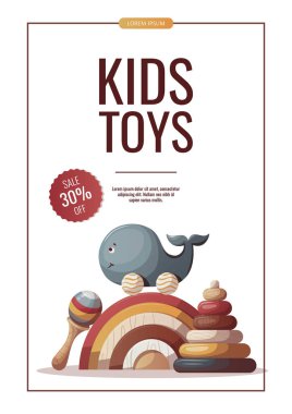 Tahta balina itme oyuncağı, gökkuşağı ve bebek piramidi olan el ilanı tasarımı. Çocuk oyuncakları, çocuk mağazası, çocukluk, bebek partisi konsepti. Poster, afiş, reklam, broşür, satış için A4 Vektör İllüstrasyonu.