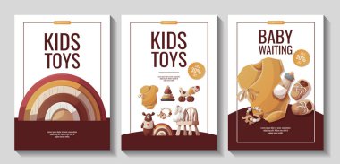 Ahşap oyuncaklı el ilanları, gökkuşağı, oyuncak ayı, peluş tavşan, bebek kıyafeti. Çocuk oyuncakları, çocuk mağazası, çocukluk, bebek partisi konsepti. Poster, afiş, satış için vektör illüstrasyonları.