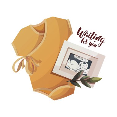 Üzerinde sarı bebek kıyafeti ve ultrason bebek resmi olan bir kart. Bebek kıyafetleri mağazası, bebek bekleme, hamilelik, sonogram konsepti. Kare Vektör İllüstrasyonu Kart, kartpostal, kapak.