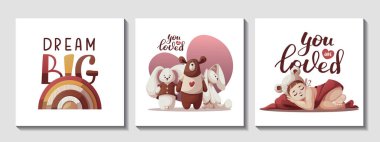 Kartlar, uyuyan bebek, pelüş oyuncaklar, el yazısıyla yazılmış mesajlar. Yeni doğuş, doğum, bebek bakımı, çocukluk, çocukluk konsepti. Kart, kartpostal ve kapak için Kare Vektör illüstrasyonu.