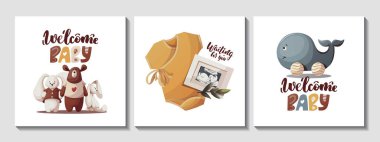 Oyuncak ayı, tavşan, tahta balina, ultrason görüntüsü ve el yazısıyla yazılmış metin setleri. Çocuk oyuncakları, bebek beklemesi, çocukluk konsepti. Kart, kartpostal ve kapak için vektör illüstrasyonu.