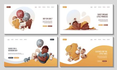 İçinde uyuyan yeni doğan çocuklar, oyuncaklar, bebek kıyafetleri ve bebek şişeleri olan web sayfaları. Yeni doğuş, doğum, bebek bakımı, çocukluk, çocukluk konsepti. Poster, afiş, web sitesi için vektör illüstrasyonu.