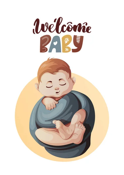 Card Sleeping Swaddled Baby Boy Handwritten Text Newborn Childbirth Baby — Stock Vector