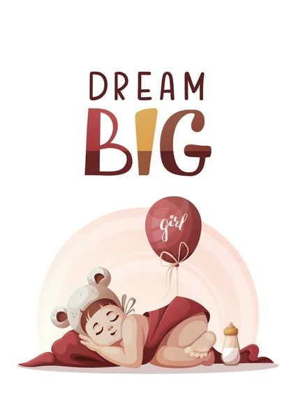Carte Avec Bébé Fille Dormant Dans Chapeau Avec Des Oreilles — Image vectorielle