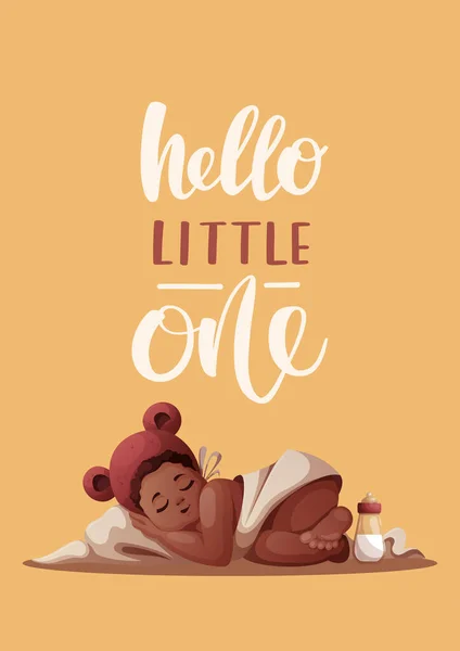 Carte Avec Bébé Fille Dormant Dans Chapeau Avec Des Oreilles — Image vectorielle