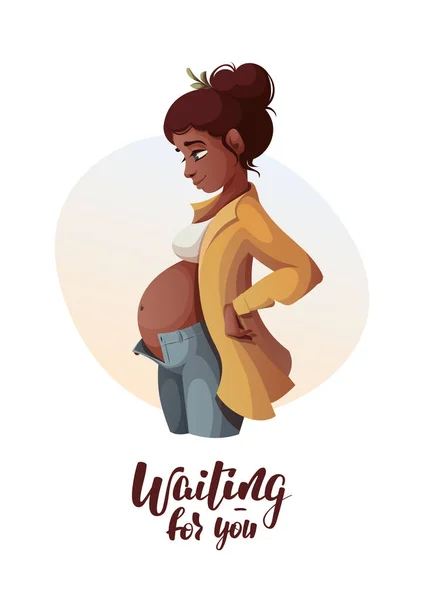 Karta Těhotnou Ženou Text Čekám Tebe Mateřství Rodičovství Koncepce Těhotenství — Stockový vektor