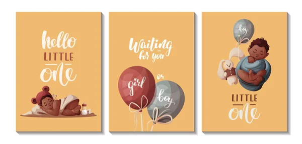 Set Cards Sleeping Newborn Kids Toys Balloons Newborn Childbirth Baby — Stock Vector