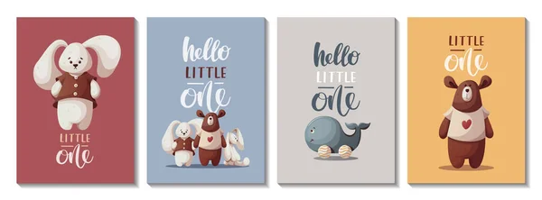 Set Cards Teddy Beard Bunnies Wooden Whale Handwritten Text Children — Stock Vector