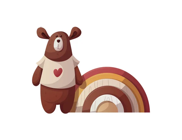 泰迪熊和宝宝木制彩虹 儿童玩具 儿童商店 童年的概念 孤立的矢量说明 — 图库矢量图片