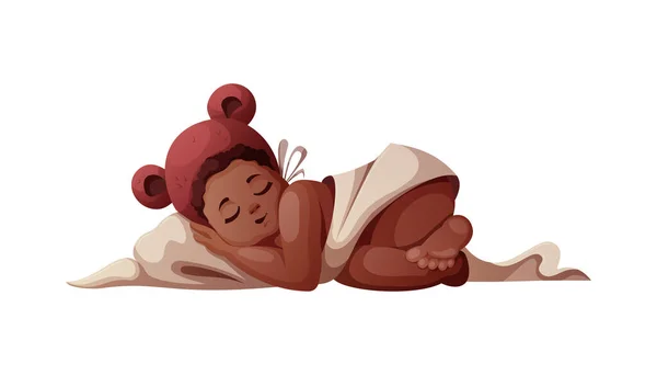赤ちゃんは耳で帽子で寝ている 新生児 ベビーケア 幼児期 幼児期のコンセプト 分離ベクトル図 — ストックベクタ