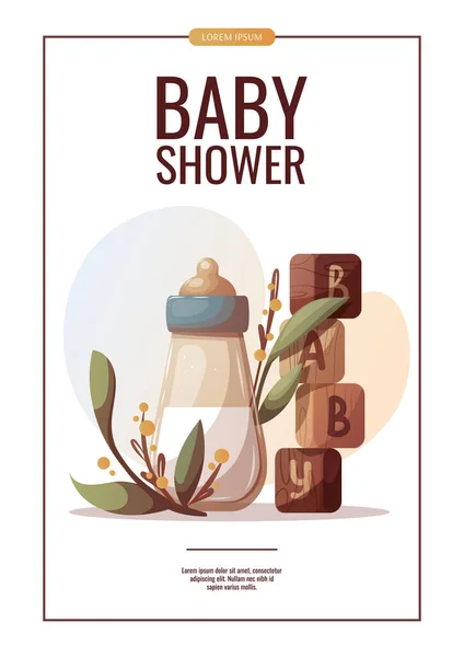 Flyer Design Baby Bottle Wooden Blocks Letters Newborn Childbirth Baby — Stock Vector