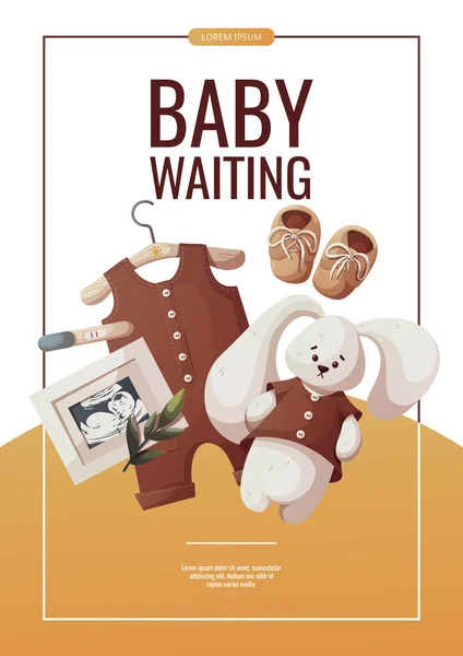 Flyer Design Mit Babystrampler Plüschhase Ultraschall Babybild Baby Wartezeit Babykleidung — Stockvektor