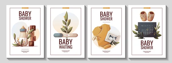 Flyer Mit Monatskalender Ultraschall Babybild Positivem Schwangerschaftstest Babyflasche Baby Wartezeit — Stockvektor