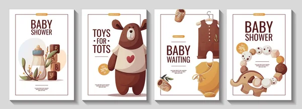 Set Flyers Teddy Bear Baby Bodysuit Baby Bottle Children Toys — Stock Vector