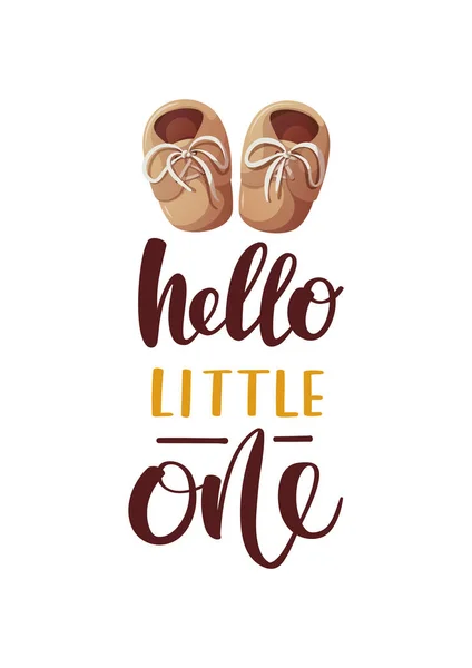 Tarjeta Con Zapatos Texto Manuscrito Bebé Esperando Recién Nacido Concepto — Vector de stock