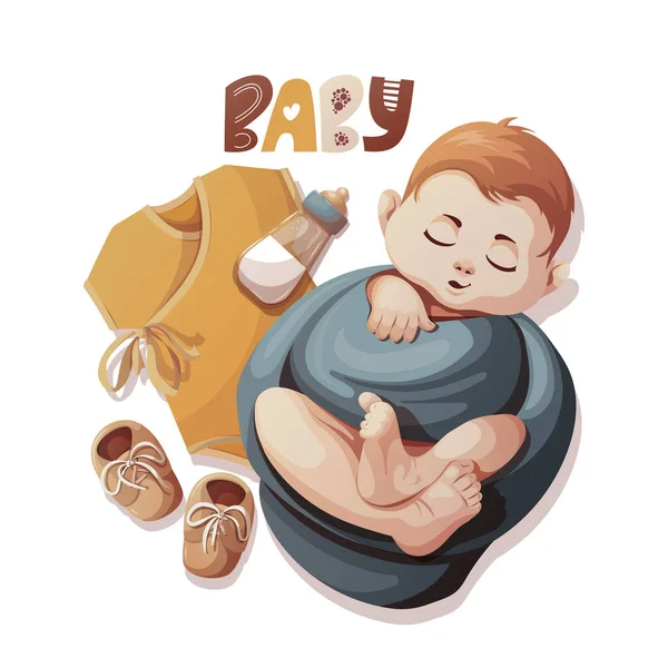 Card Sleeping Swaddled Baby Boy Bodysuit Milk Bottle Newborn Childbirth — Stock Vector