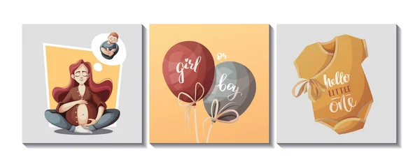 Kartenset Mit Schwangeren Frauen Luftballons Und Babybody Mutterschaft Schwangerschaft Geburt — Stockvektor