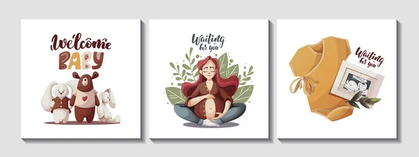 Set Cards Pregnant Women Baby Bodysuit Baby Toys Ultrasound Baby — Stock Vector
