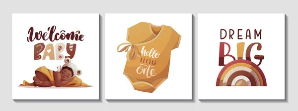 Set Cards Sleeping Baby Girl Bodysuit Handwritten Text Newborn Childbirth — Stock Vector