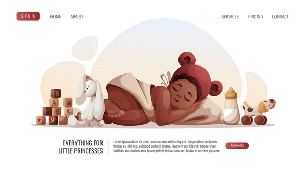 赤ちゃんの女の子は耳と子供のおもちゃで帽子で寝ています 新生児 ベビーケア 幼児期 幼児期のコンセプト ポスター バナー ウェブサイトのベクトルイラスト — ストックベクタ