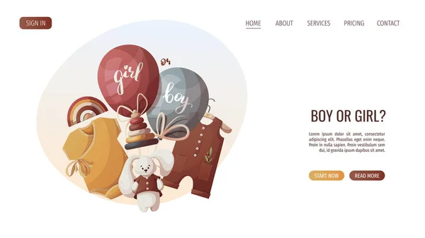 婴儿服装 玩具和用于性别的气球展示派对 怀孕概念 网站的矢量图解 — 图库矢量图片