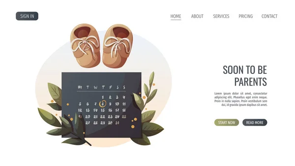 毎月のカレンダーとベビーシューズ 赤ちゃん待っている概念 ポスター バナー ウェブサイトのベクトルイラスト — ストックベクタ