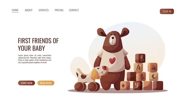 Wooden Push Toy Blocks Teddy Bear Children Toys Kid Shop — Stock Vector