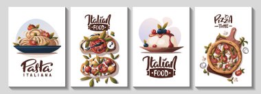 Farklı İtalyan mutfağına sahip pankartlar, vektör illüstrasyonu