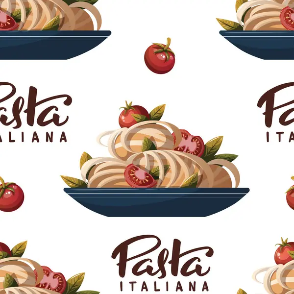 Patrón Cocina Italiana Con Pasta Con Tomates Albahaca — Vector de stock