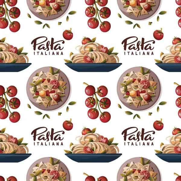 トマトとバジルとパスタのイタリア料理パターン — ストックベクタ