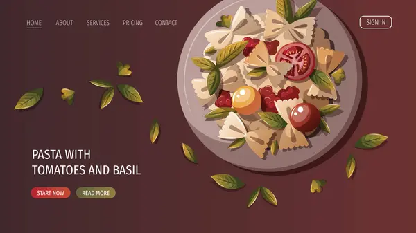 イタリア料理ウェブページ トマトとバジルとのパスタ — ストックベクタ