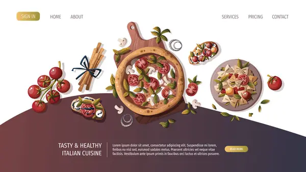 イタリアの健康でおいしい料理ウェブサイトベクターイラスト — ストックベクタ