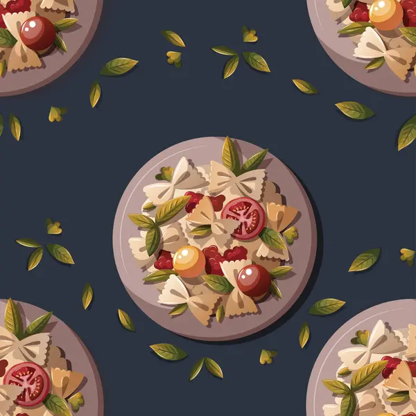 Patrón Cocina Italiana Con Pasta Con Tomates Albahaca Ilustración de stock