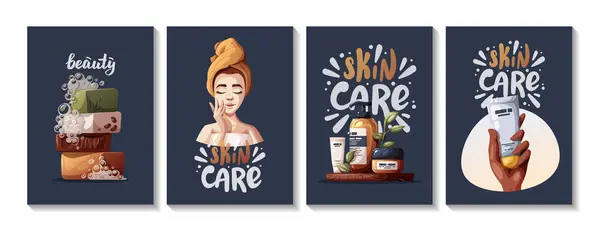 Set Poster Con Donna Mano Con Creme Sapone Cosmetici Prodotti Vettoriale Stock