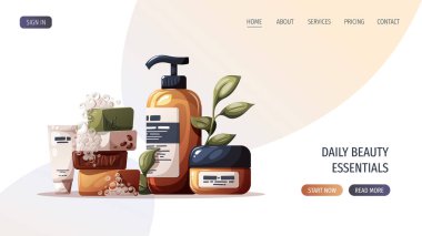Kozmetik ürünleri ve sabunlarla birlikte web sayfası tasarımı. Güzellik, cilt bakımı, saç bakımı, temizlik konsepti. Pankart, web sitesi, poster için vektör illüstrasyonu.