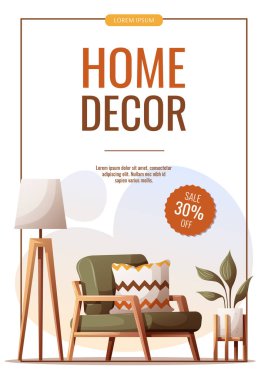 Rahat koltuklu el ilanı tasarımı, saksı bitkisi, üç ayaklı zemin lambası. İç dizayn, mobilya, oturma odası, ev dekorasyonu konsepti. Pankart, reklam ve tanıtım için vektör illüstrasyonu.