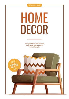 Saf yeşil koltuklu el ilanı tasarımı. İç dizayn, mobilya, oturma odası, ev dekorasyonu konsepti. Pankart, reklam ve tanıtım için vektör illüstrasyonu.