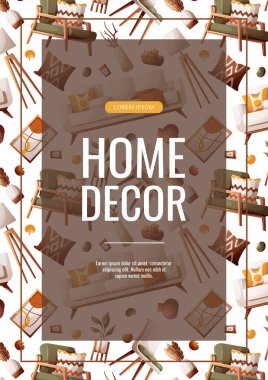 El ilanı tasarımı, rahat koltuklar, sandalyeler, iç dekorasyon unsurları. İç tasarım, ev dekorasyonu, mobilyalar, oturma odası konsepti. Pankart, tanıtım ve reklam için vektör illüstrasyonu.