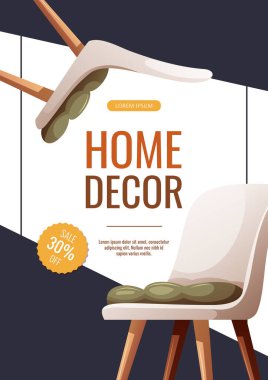 Beyaz sandalyeli el ilanı tasarımı. Evin içi, mobilya konsepti. Pankart, reklam ve tanıtım için vektör illüstrasyonu.