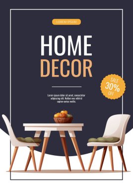 Yemek masası ve sandalyeli el ilanı tasarımı. Evin içi, mobilyalar, yemek odası, mutfak, kafe konsepti. Pankart, reklam ve tanıtım için vektör illüstrasyonu.