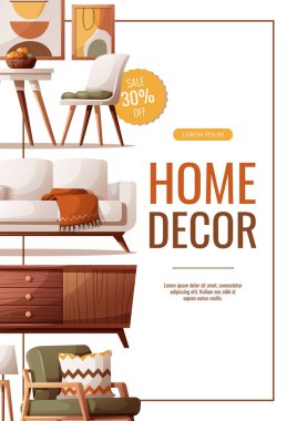 El ilanı tasarımı, rahat kanepe, koltuk, sandalye, televizyon standı, iç dekorasyon unsurları. İç tasarım, ev dekorasyonu, mobilyalar, oturma odası konsepti. Pankart, tanıtım ve reklam için vektör illüstrasyonu.